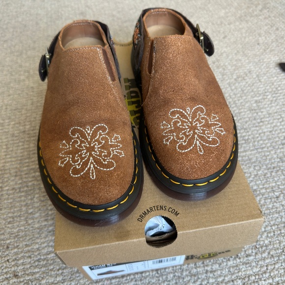Dr. Martens Shoes - Dr. Martens Brown Suede Embroidered Buckle Clogs